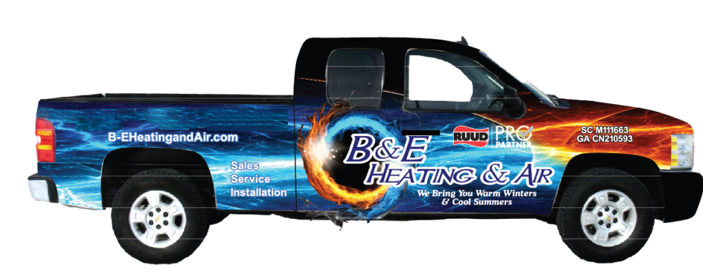 "Promotional vehicle wrap for B&E Heating and Air featuring a vibrant design with blue and orange flames on a black pickup truck. The truck advertises HVAC services with contact information and logos, including the tagline 'We Bring You Warm Winters & Cool Summers', emphasizing their heating and cooling solutions in North Augusta.