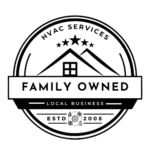 Black and white circular logo for a family-owned HVAC services company, with a graphic of a house and mountains, three stars, and the text 'Family Owned, Local Business, ESTD 2008' to emphasize long-standing community presence and expertise in heating, ventilation, and air conditioning.