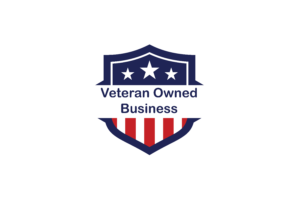 Logo of a Veteran Owned Business featuring a shield with three stars on top and red and white stripes at the bottom, symbolizing American patriotism and military service